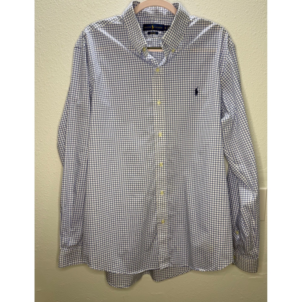 Ralph Lauren Mens XL Easy‎ Care Blue White Check Button Down Shirt Long Sleeve